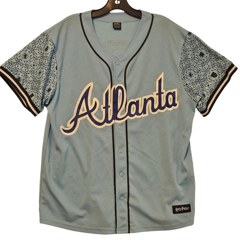 Harry Potter Hogwarts Baseball Jersey Mens 2XL Blue Atlanta Script Button Up